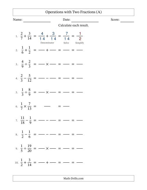 The Operations with Two Proper Fractions with Similar Denominators, Proper Fractions Results and All Simplifying (Fillable) (All) Math Worksheet