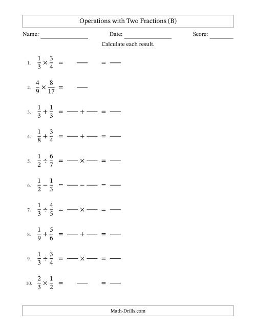 The Operations with Two Proper Fractions with Similar Denominators, Proper Fractions Results and Some Simplifying (Fillable) (B) Math Worksheet