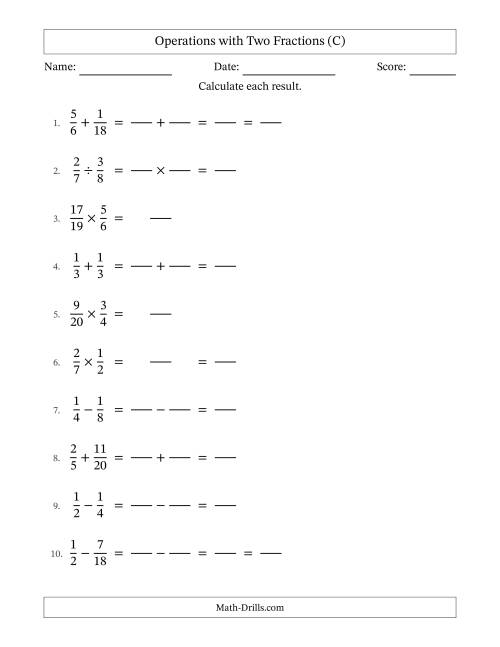 The Operations with Two Proper Fractions with Similar Denominators, Proper Fractions Results and Some Simplifying (Fillable) (C) Math Worksheet