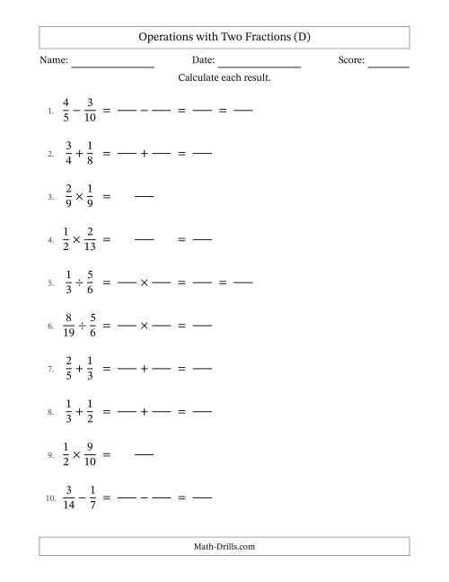 The Operations with Two Proper Fractions with Similar Denominators, Proper Fractions Results and Some Simplifying (Fillable) (D) Math Worksheet
