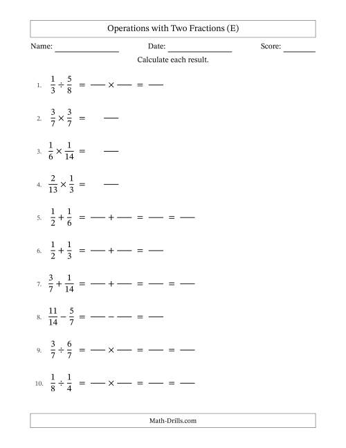 The Operations with Two Proper Fractions with Similar Denominators, Proper Fractions Results and Some Simplifying (Fillable) (E) Math Worksheet