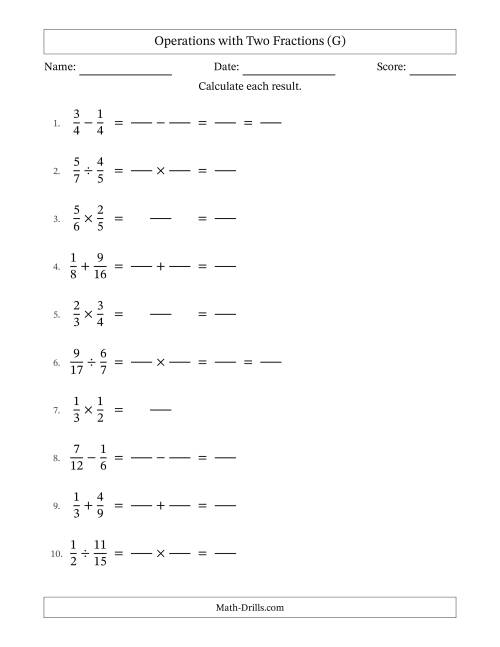 The Operations with Two Proper Fractions with Similar Denominators, Proper Fractions Results and Some Simplifying (Fillable) (G) Math Worksheet