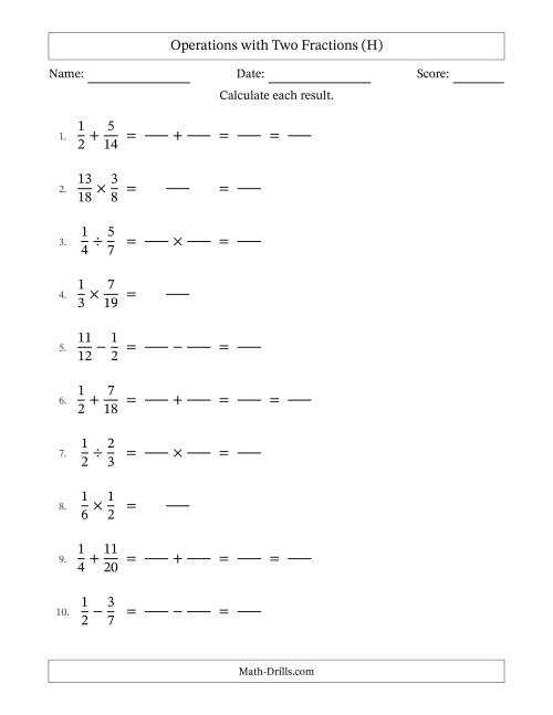 The Operations with Two Proper Fractions with Similar Denominators, Proper Fractions Results and Some Simplifying (Fillable) (H) Math Worksheet