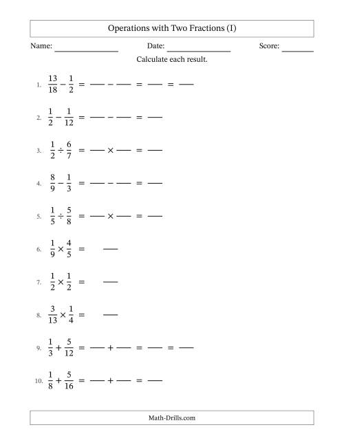 The Operations with Two Proper Fractions with Similar Denominators, Proper Fractions Results and Some Simplifying (Fillable) (I) Math Worksheet