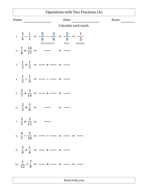 The Operations with Two Proper Fractions with Similar Denominators, Proper Fractions Results and Some Simplifying (Fillable) (All) Math Worksheet