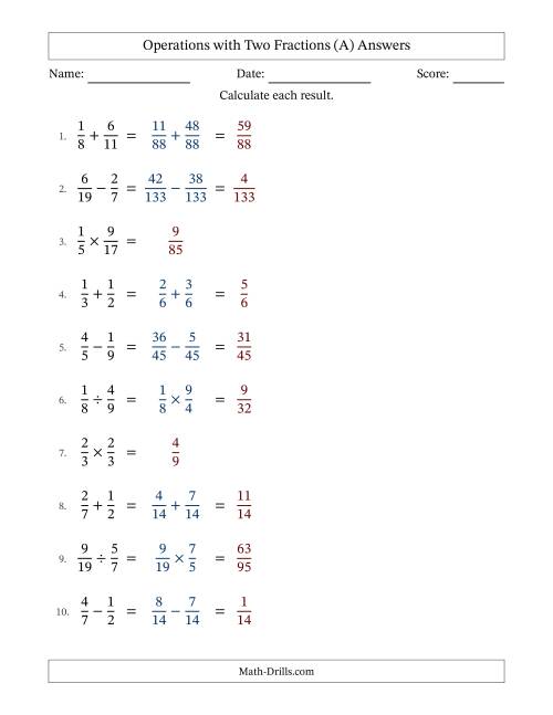 Operations with Two Proper Fractions with Unlike Denominators, Proper ...