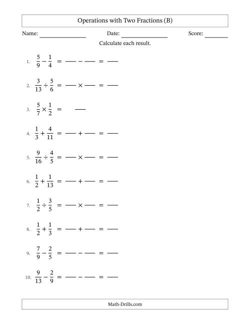 The Operations with Two Proper Fractions with Unlike Denominators, Proper Fractions Results and No Simplifying (Fillable) (B) Math Worksheet