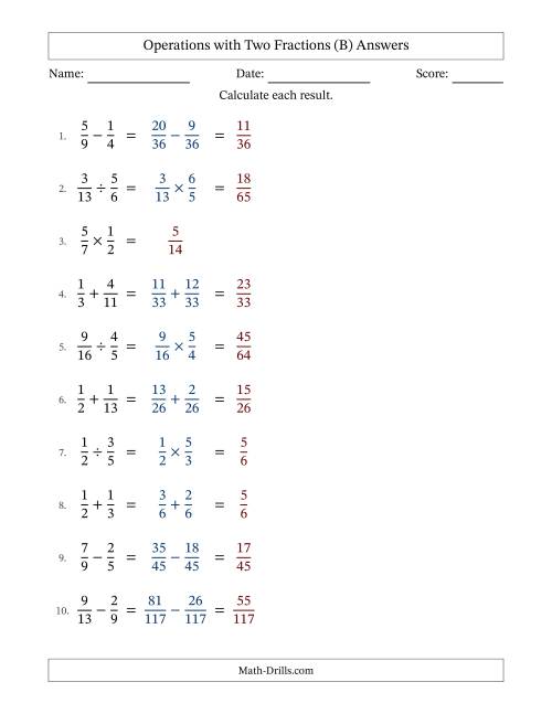 The Operations with Two Proper Fractions with Unlike Denominators, Proper Fractions Results and No Simplifying (Fillable) (B) Math Worksheet Page 2