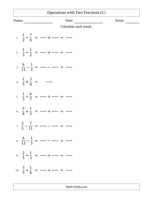 The Operations with Two Proper Fractions with Unlike Denominators, Proper Fractions Results and No Simplifying (Fillable) (C) Math Worksheet