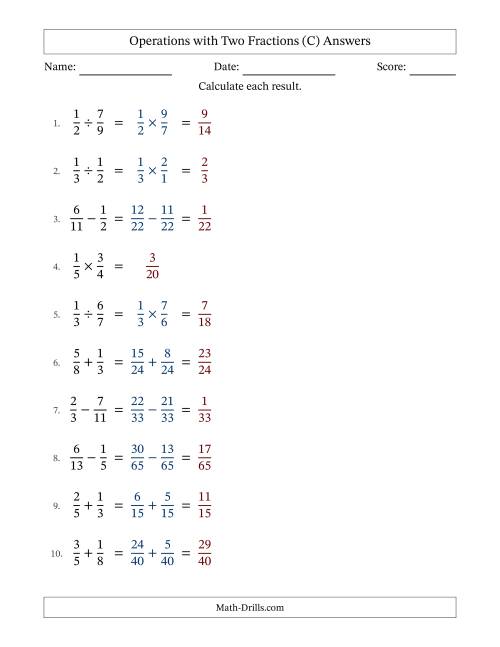The Operations with Two Proper Fractions with Unlike Denominators, Proper Fractions Results and No Simplifying (Fillable) (C) Math Worksheet Page 2