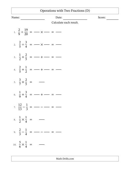 The Operations with Two Proper Fractions with Unlike Denominators, Proper Fractions Results and No Simplifying (Fillable) (D) Math Worksheet