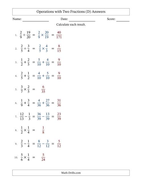 The Operations with Two Proper Fractions with Unlike Denominators, Proper Fractions Results and No Simplifying (Fillable) (D) Math Worksheet Page 2