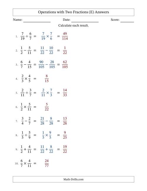The Operations with Two Proper Fractions with Unlike Denominators, Proper Fractions Results and No Simplifying (Fillable) (E) Math Worksheet Page 2