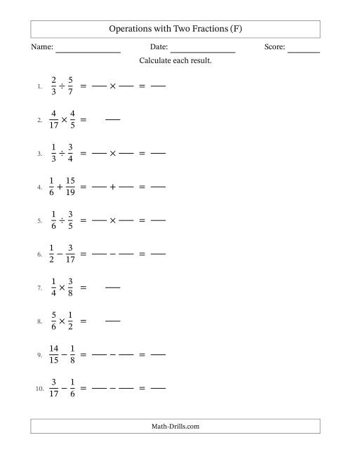 The Operations with Two Proper Fractions with Unlike Denominators, Proper Fractions Results and No Simplifying (Fillable) (F) Math Worksheet
