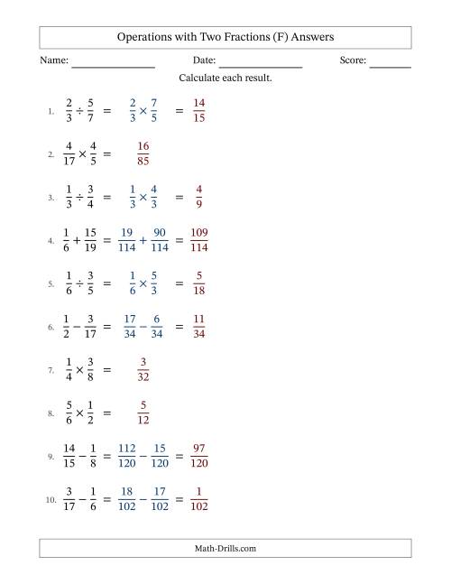 The Operations with Two Proper Fractions with Unlike Denominators, Proper Fractions Results and No Simplifying (Fillable) (F) Math Worksheet Page 2