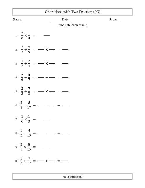 The Operations with Two Proper Fractions with Unlike Denominators, Proper Fractions Results and No Simplifying (Fillable) (G) Math Worksheet
