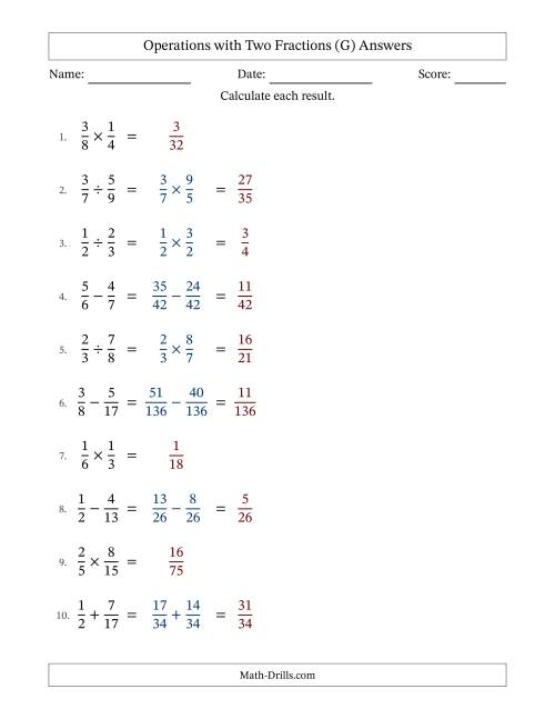 The Operations with Two Proper Fractions with Unlike Denominators, Proper Fractions Results and No Simplifying (Fillable) (G) Math Worksheet Page 2
