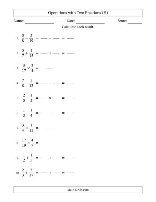 The Operations with Two Proper Fractions with Unlike Denominators, Proper Fractions Results and No Simplifying (Fillable) (H) Math Worksheet