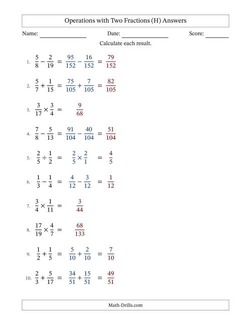 The Operations with Two Proper Fractions with Unlike Denominators, Proper Fractions Results and No Simplifying (Fillable) (H) Math Worksheet Page 2