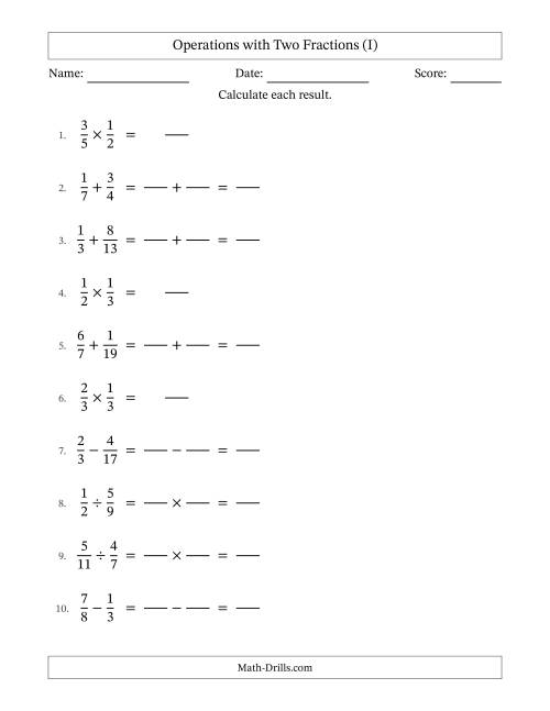 The Operations with Two Proper Fractions with Unlike Denominators, Proper Fractions Results and No Simplifying (Fillable) (I) Math Worksheet