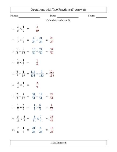 The Operations with Two Proper Fractions with Unlike Denominators, Proper Fractions Results and No Simplifying (Fillable) (I) Math Worksheet Page 2