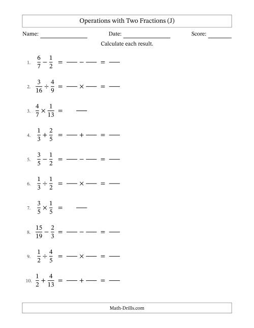The Operations with Two Proper Fractions with Unlike Denominators, Proper Fractions Results and No Simplifying (Fillable) (J) Math Worksheet