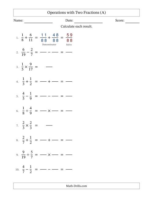 The Operations with Two Proper Fractions with Unlike Denominators, Proper Fractions Results and No Simplifying (Fillable) (All) Math Worksheet