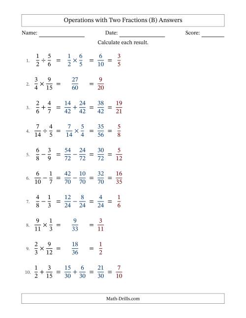 The Operations with Two Proper Fractions with Unlike Denominators, Proper Fractions Results and All Simplifying (Fillable) (B) Math Worksheet Page 2
