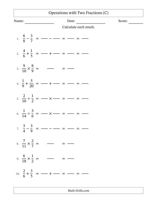 The Operations with Two Proper Fractions with Unlike Denominators, Proper Fractions Results and All Simplifying (Fillable) (C) Math Worksheet