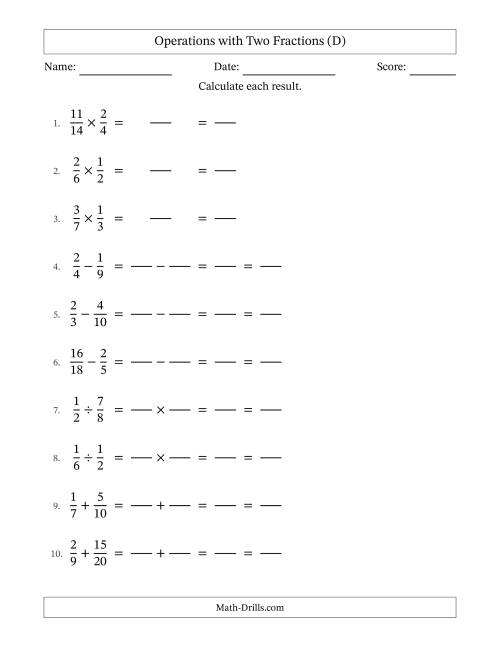 The Operations with Two Proper Fractions with Unlike Denominators, Proper Fractions Results and All Simplifying (Fillable) (D) Math Worksheet