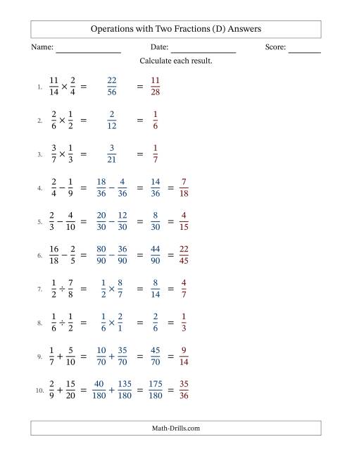 The Operations with Two Proper Fractions with Unlike Denominators, Proper Fractions Results and All Simplifying (Fillable) (D) Math Worksheet Page 2