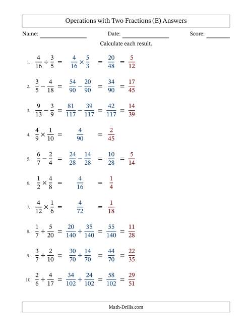 The Operations with Two Proper Fractions with Unlike Denominators, Proper Fractions Results and All Simplifying (Fillable) (E) Math Worksheet Page 2