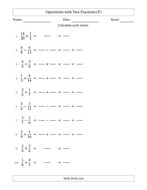 The Operations with Two Proper Fractions with Unlike Denominators, Proper Fractions Results and All Simplifying (Fillable) (F) Math Worksheet