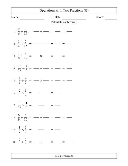 The Operations with Two Proper Fractions with Unlike Denominators, Proper Fractions Results and All Simplifying (Fillable) (G) Math Worksheet