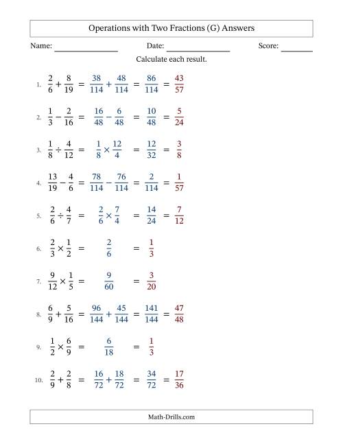 The Operations with Two Proper Fractions with Unlike Denominators, Proper Fractions Results and All Simplifying (Fillable) (G) Math Worksheet Page 2