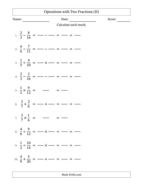 The Operations with Two Proper Fractions with Unlike Denominators, Proper Fractions Results and All Simplifying (Fillable) (H) Math Worksheet