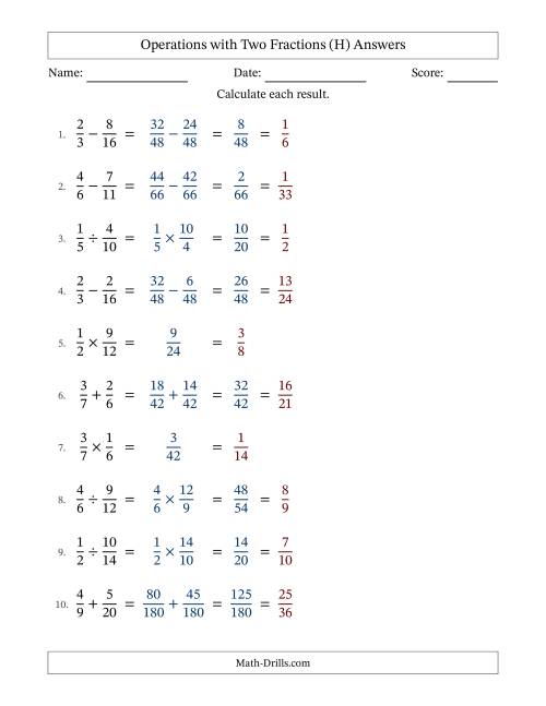 The Operations with Two Proper Fractions with Unlike Denominators, Proper Fractions Results and All Simplifying (Fillable) (H) Math Worksheet Page 2