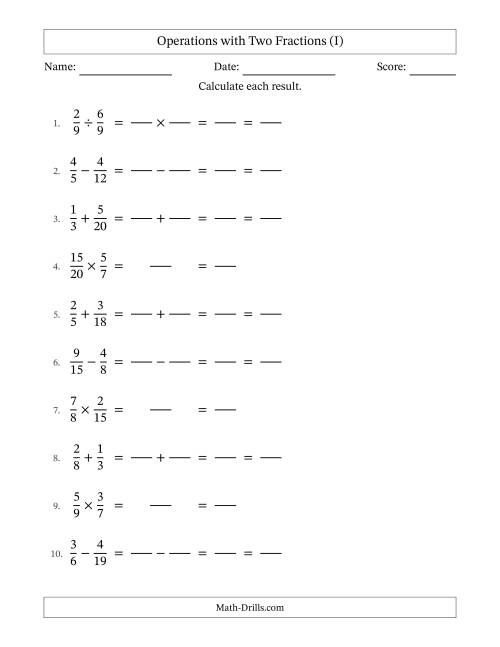 The Operations with Two Proper Fractions with Unlike Denominators, Proper Fractions Results and All Simplifying (Fillable) (I) Math Worksheet