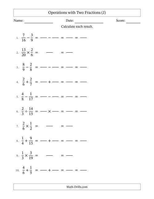 The Operations with Two Proper Fractions with Unlike Denominators, Proper Fractions Results and All Simplifying (Fillable) (J) Math Worksheet