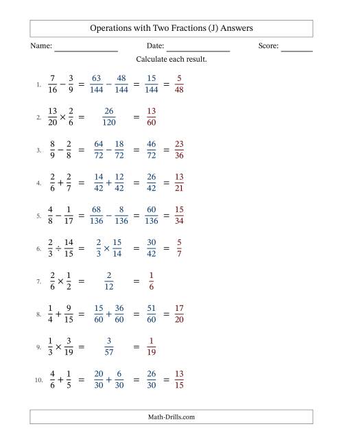 The Operations with Two Proper Fractions with Unlike Denominators, Proper Fractions Results and All Simplifying (Fillable) (J) Math Worksheet Page 2