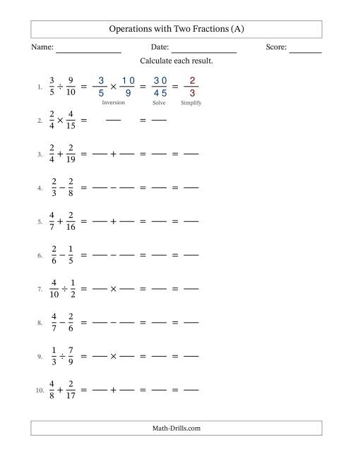 The Operations with Two Proper Fractions with Unlike Denominators, Proper Fractions Results and All Simplifying (Fillable) (All) Math Worksheet