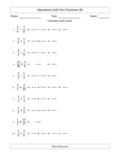 The Operations with Two Proper Fractions with Unlike Denominators, Proper Fractions Results and Some Simplifying (Fillable) (B) Math Worksheet
