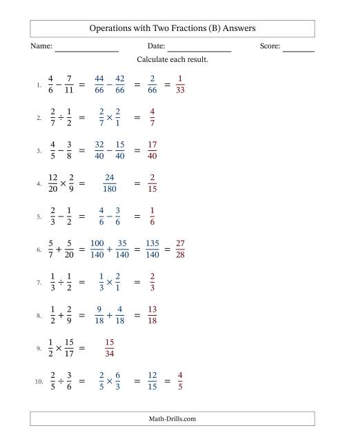 The Operations with Two Proper Fractions with Unlike Denominators, Proper Fractions Results and Some Simplifying (Fillable) (B) Math Worksheet Page 2