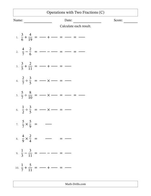 The Operations with Two Proper Fractions with Unlike Denominators, Proper Fractions Results and Some Simplifying (Fillable) (C) Math Worksheet
