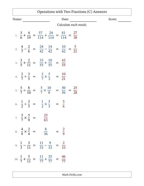 The Operations with Two Proper Fractions with Unlike Denominators, Proper Fractions Results and Some Simplifying (Fillable) (C) Math Worksheet Page 2