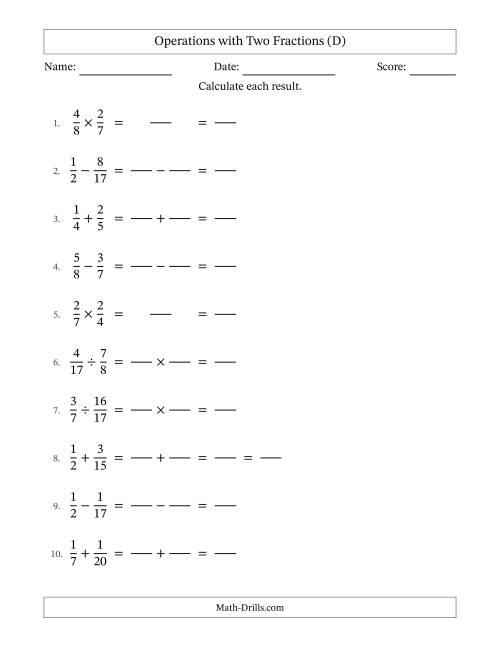 The Operations with Two Proper Fractions with Unlike Denominators, Proper Fractions Results and Some Simplifying (Fillable) (D) Math Worksheet