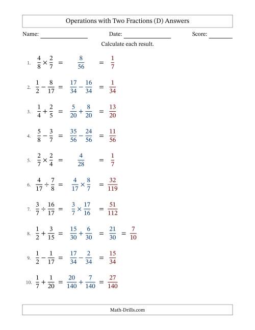 The Operations with Two Proper Fractions with Unlike Denominators, Proper Fractions Results and Some Simplifying (Fillable) (D) Math Worksheet Page 2