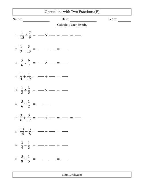 The Operations with Two Proper Fractions with Unlike Denominators, Proper Fractions Results and Some Simplifying (Fillable) (E) Math Worksheet