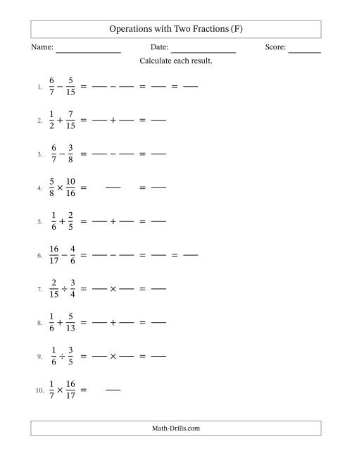 The Operations with Two Proper Fractions with Unlike Denominators, Proper Fractions Results and Some Simplifying (Fillable) (F) Math Worksheet
