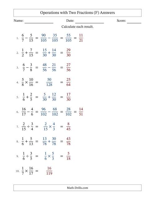 The Operations with Two Proper Fractions with Unlike Denominators, Proper Fractions Results and Some Simplifying (Fillable) (F) Math Worksheet Page 2